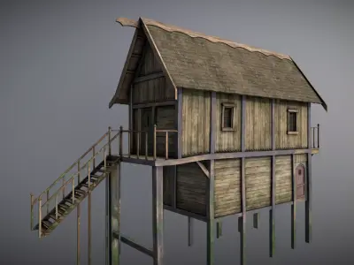 Medieval Lake Village - House 13 with interiors Low-poly 3D model