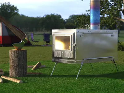 Stainless Steel Tent Stove with Visible Fire Inside 3D model