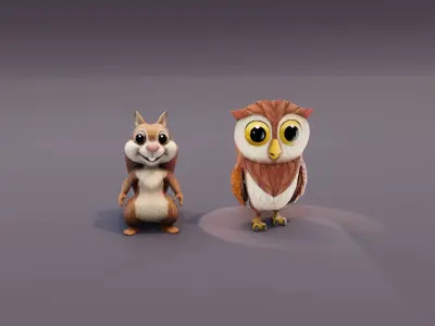 Cartoon Woodland Creatures - Animated Squirrel and Owl 3D Models Low-poly 3D model