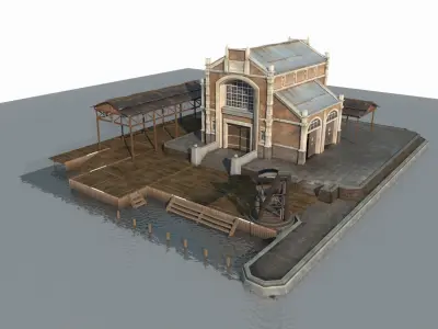 Hand drawn style 19th century architecture fishing boat dock 3D model