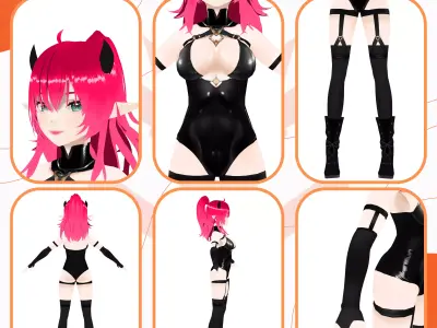 VRM DEMON SUCCUBUS HORNED LATEX SUIT GOTHIC PINK HAIR 3D model