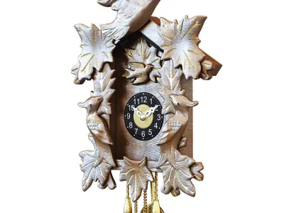 Clock wooden cuckoo with birds and leaves 3D model