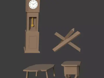 Wooden clock and Chairs Low-poly 3D model