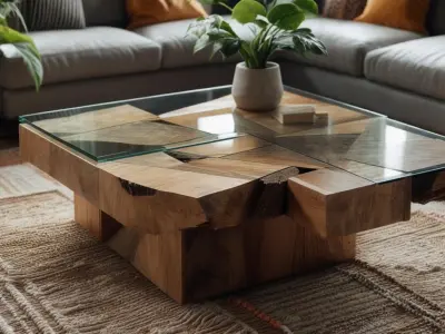 coffee table made from recycled wood and tempered glass 3D model Low-poly 3D model