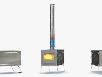 Stainless Steel Tent Stove with Visible Fire Inside 3D model