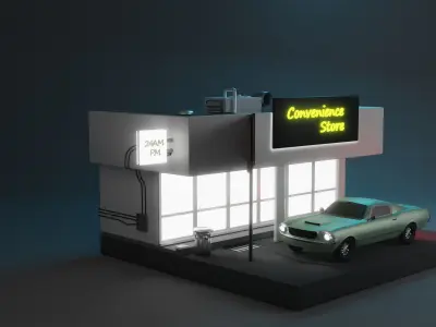 Isometric convenience store with car Low-poly 3D model