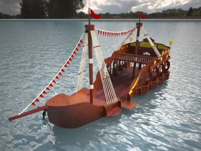 Galleon Model wooden pirate ship floating in water 3D model