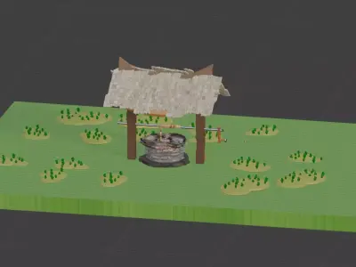 low poly well with garden 3D model