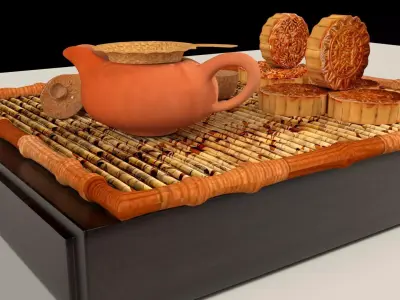 Chinese moon cake with tea set 3D model