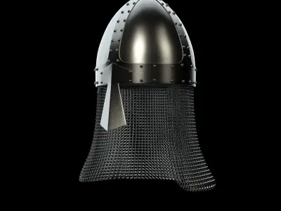 Medieval knight helmet with chain mail 3D model