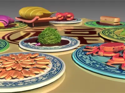 Chinese food Chinese food Table food fish lobster crab ham 3D model