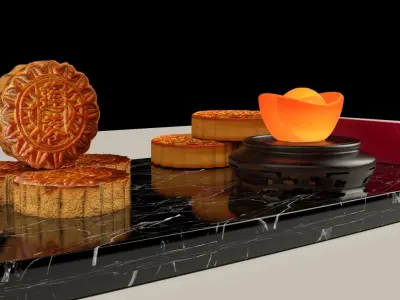 Chinese mooncake with yuan boa and red envelope 3D model