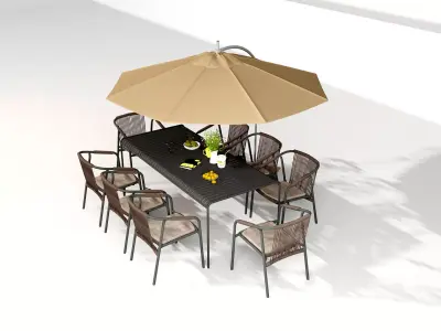 Modern Outdoor Wicker Dining Set with Umbrella Low-poly 3D model
