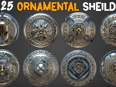 25 Ornamental Shield 3D Models LowPoly and Texture Vol 16 Low-poly 3D model