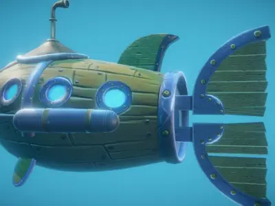 Steampunk Fish Submarine Game-Ready Low-poly 3D model