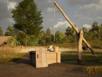 Medieval wooden water well with gallows Low-poly 3D model