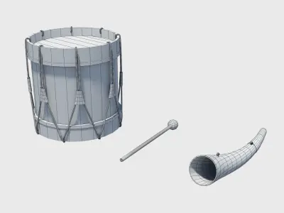 Historic war drum and signal horn Low-poly 3D model