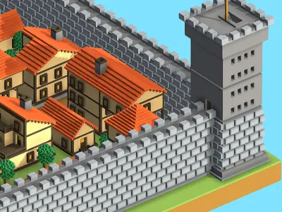 Voxel Medieval Castle Town Low-poly 3D model