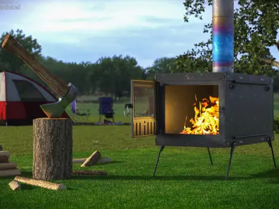 Portable Camping Stove with Live Fire and Tall Pipe Black 3D model
