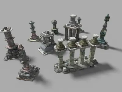 9 low poly temple pillars collection Low-poly 3D model