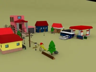 Low Poly Pack town with houses and cars Low-poly 3D model