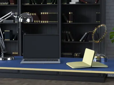 Baseball Modern Adjustable Desk with Laptop and Trophy 3D model