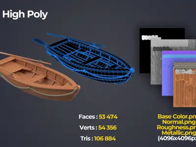 Stylized Wooden Fishing Boat Low-poly 3D model