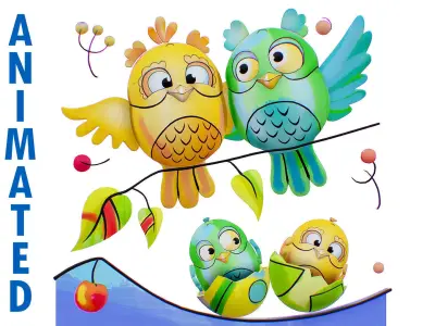Owl Family Scenery - Owls Famillar Bird Animal - Chick Baby Low-poly 3D model