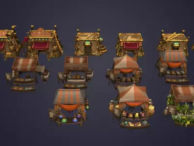 Medieval Market Vegetable Stalls Tent Pack Low-poly 3D model