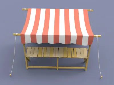 Marketplace table and chairs with striped canopy 3D model