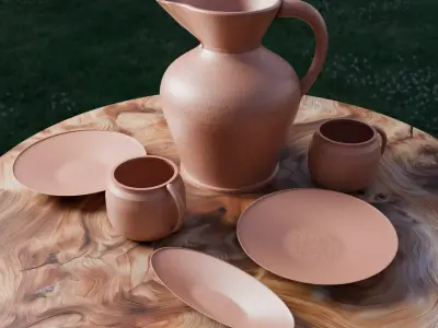 Handcrafted Clay Pot Set  Rustic Ceramic Tableware 3D model