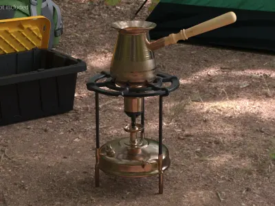 Vintage Steel Camping Stove with Coffee in Pot 3D model