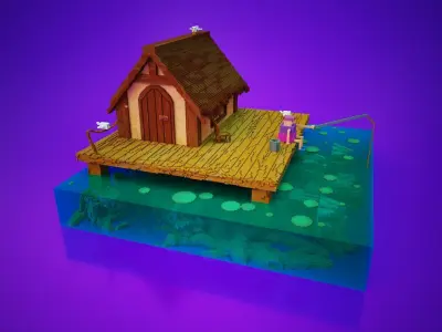 fishing and wooden cabin voxel art 3D model