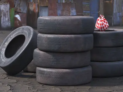 Abandoned Tire Stack With Travelers Bindle 3D model