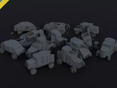 Cartoon Dieselpunk armored cars 3 Polygonal Style Low-poly 3D model