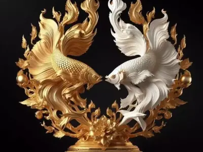  Fish Sculpture Floral Golden White Yin-Yang Base Asian 3D Low-poly 3D model