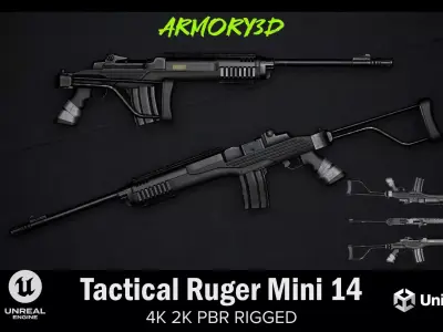 Game Ready Tactical Ruger Mini 14 PBR Rigged Low-poly 3D model