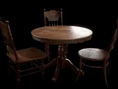 Old Wooden Table And Chairs Free low-poly 3D model