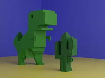 Google dinosaur 3d plus cactus Low-poly 3D model