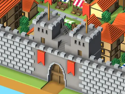 Voxel Medieval Castle Town Low-poly 3D model