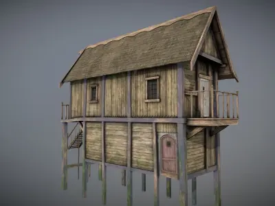 Medieval Lake Village - House 13 with interiors Low-poly 3D model