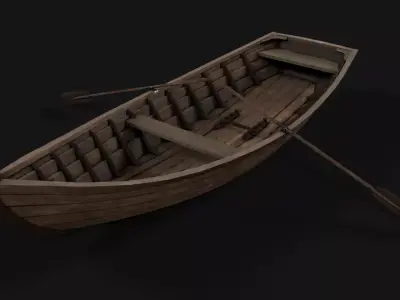 wooden boat with oars Low-poly 3D model
