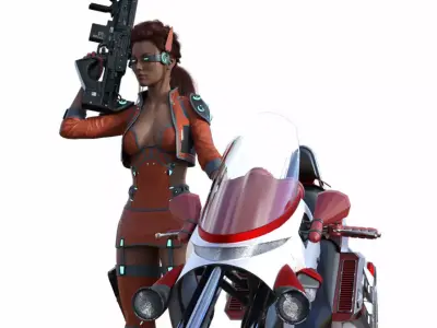 Cyberpunk Girl with bike - Rigged 3D model