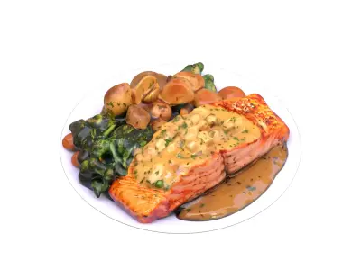 Salmon  with Crispy Potatoes and  Broccolis Low-poly 3D model