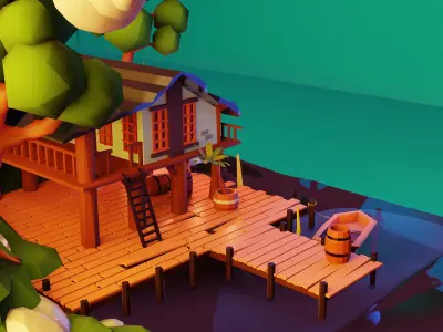 Low Poly isometric Lake House Day and Night version Low-poly 3D model