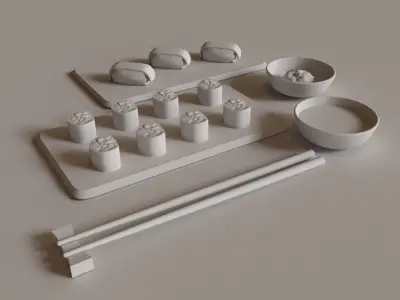 Sushi Set with bowls and chopsticks Low-poly 3D model