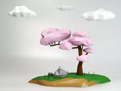 Tree low poly cherry on island with clouds Low-poly 3D model