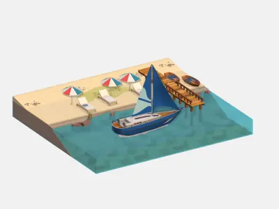 Blue Yacht Scene MotorBoat Blue Low-poly 3D model