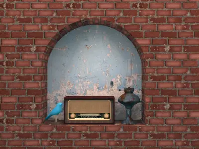 Radio and old lamp with bird statue 3D model