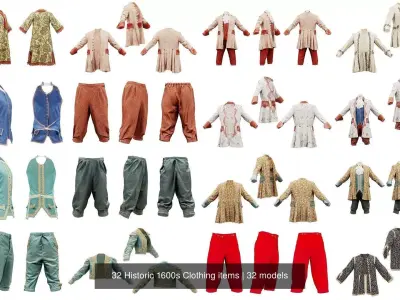 32 Historic 1600s Clothing items 3D Model Collection